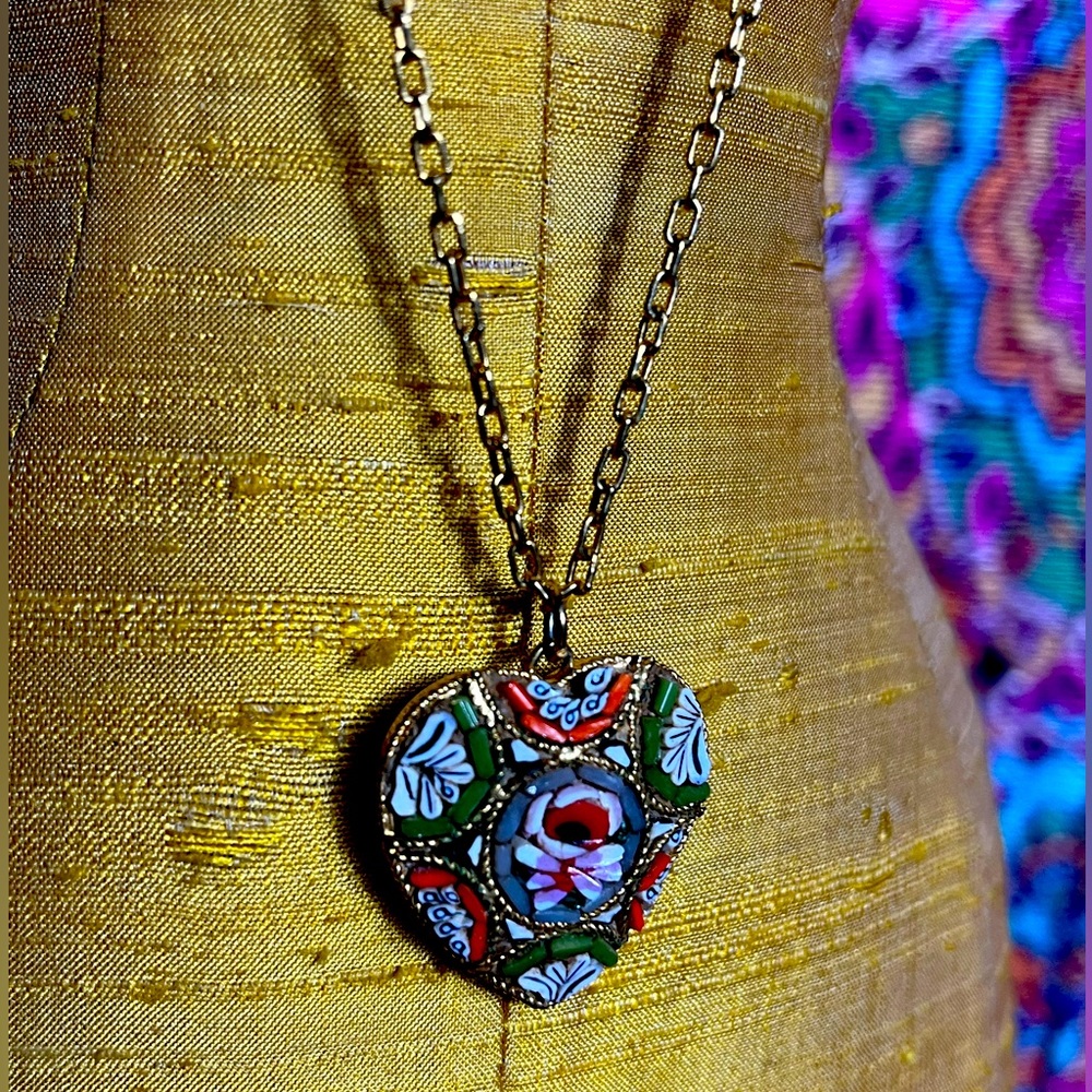 Vintage Micro Mosaic Heart Shaped Necklace and Clip on Earrings Set